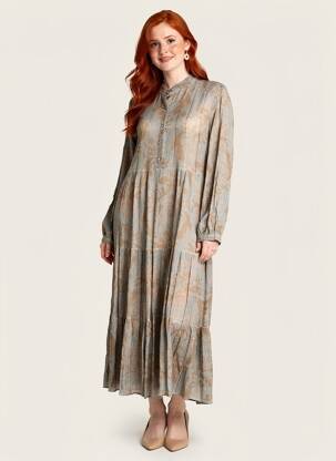 Rochie lungă imprimeu fantezie mâneci lungi gri LAST QUEEN femeie