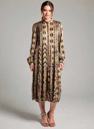 Rochie midi imprimeu fantezie mâneci lungi bej LAST QUEEN femeie