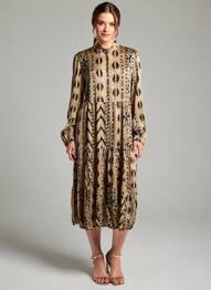 Rochie midi imprimeu fantezie mâneci lungi bej LAST QUEEN femeie
