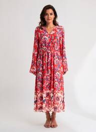 Rochie lungă imprimeu fantezie mâneci lungi roșu C'EST BEAU LA VIE femeie