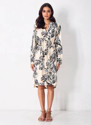 Rochie midi imprimeu fantezie mâneci lungi bej AKOZ DE TOI femeie