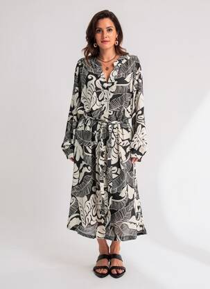 Rochie midi imprimeu fantezie mâneci lungi negru NOUGAT femeie