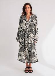 Rochie midi imprimeu fantezie mâneci lungi negru NOUGAT femeie