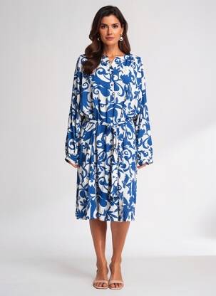 Rochie midi imprimeu fantezie mâneci lungi albastru NOUGAT femeie