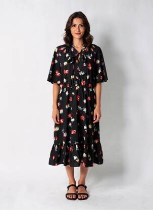 Rochie midi imprimeu fantezie mâneci scurte negru RALPH LAUREN femeie