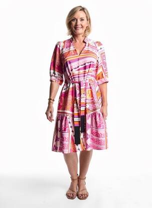 Rochie midi imprimeu fantezie mâneci scurte roz LESLIE femeie