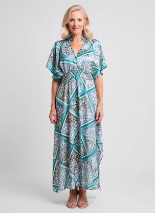 Rochie lungă imprimeu fantezie mâneci scurte albastru LESLIE femeie