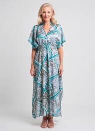 Rochie lungă imprimeu fantezie mâneci scurte albastru LESLIE femeie