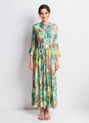Rochie lungă țesătură poplin mâneci lungi albastru IVKO femeie
