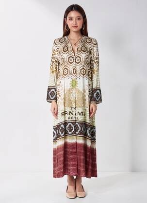Rochie lungă țesătură poplin mâneci lungi maro GRACE femeie