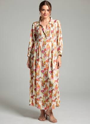 Rochie lungă imprimeu fantezie mâneci 3/4 portocalie YESS. femeie