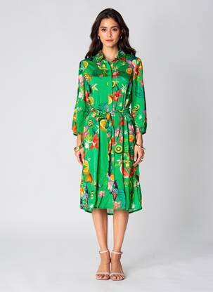 Rochie midi imprimeu floral mâneci lungi verde YESS. femeie