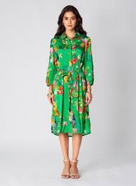Rochie midi imprimeu floral mâneci lungi verde YESS. femeie