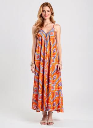 Rochie lungă imprimeu fantezie bretele subțiri portocalie YYDS (YOUR YOUTHFUL DRESS STYLE) femeie