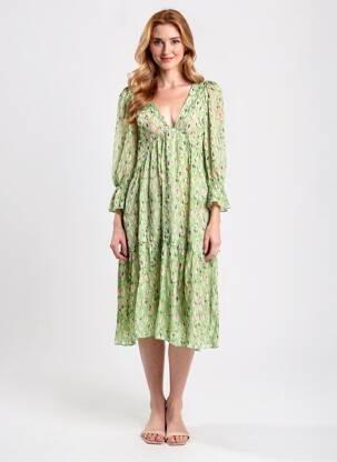 Rochie midi croială fluidă mâneci 3/4 verde B.YU femeie