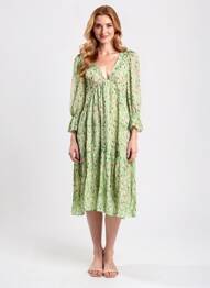 Rochie midi croială fluidă mâneci 3/4 verde B.YU femeie