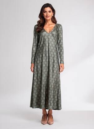 Rochie lungă imprimeu fantezie mâneci lungi verde SIYU femeie