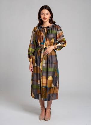 Rochie midi imprimeu fantezie mâneci lungi verde SOEUR femeie