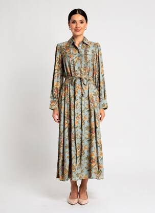 Rochie lungă țesătură poplin mâneci lungi albastru SURKANA femeie