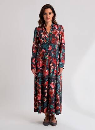 Rochie lungă imprimeu fantezie mâneci lungi roșu MALOKA femeie