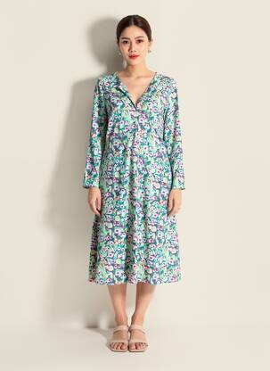 Rochie midi imprimeu fantezie mâneci lungi verde SURKANA femeie
