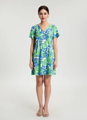Rochie scurtă închidere cu fermoar la spate mâneci scurte verde MADE IN SENS femeie