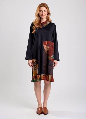 Rochie midi imprimeu fantezie mâneci lungi negru ORIENTIQUE NATURALLY femeie