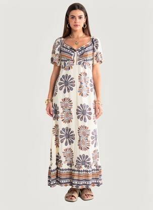 Rochie lungă imprimeu fantezie mâneci scurte alb C'FLO femeie