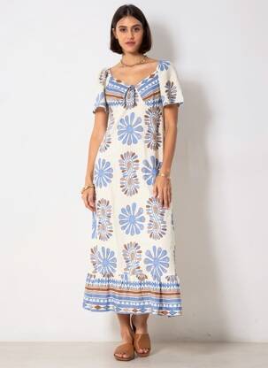 Rochie lungă imprimeu fantezie mâneci scurte albastru C'FLO femeie