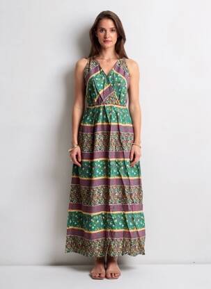 Rochie lungă țesătură poplin fără mâneci verde C'FLO femeie
