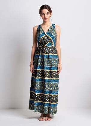 Rochie lungă imprimeu fantezie fără mâneci albastru C'FLO femeie