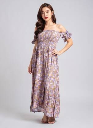 Rochie midi imprimeu floral mâneci scurte violet C'FLO femeie