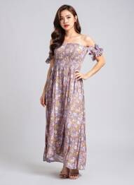 Rochie midi imprimeu floral mâneci scurte violet C'FLO femeie