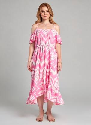Rochie midi imprimeu fantezie bretele subțiri roz C'FLO femeie