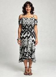 Rochie midi imprimeu fantezie bretele subțiri negru C'FLO femeie