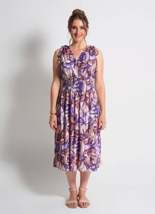 Rochie midi imprimeu fantezie mâneci scurte violet C'FLO femeie