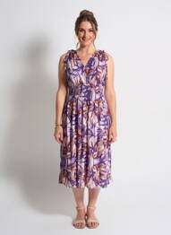 Rochie midi imprimeu fantezie mâneci scurte violet C'FLO femeie