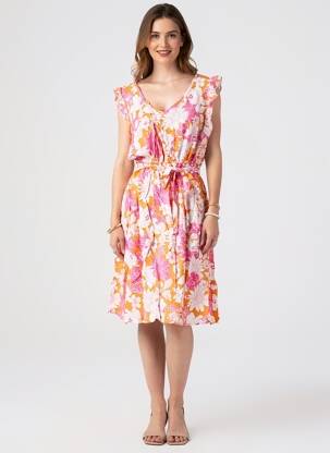 Rochie midi imprimeu floral mâneci scurte portocalie C'FLO femeie