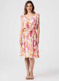 Rochie midi imprimeu floral mâneci scurte portocaliu C'FLO femeie