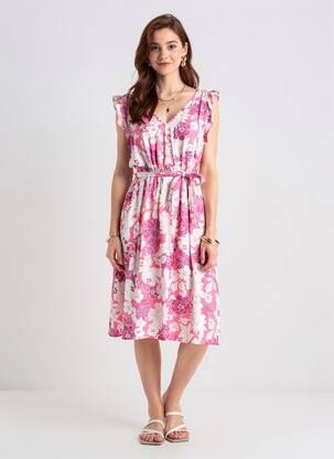 Rochie midi imprimeu floral mâneci scurte roz C'FLO femeie