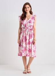 Rochie midi imprimeu floral mâneci scurte roz C'FLO femeie