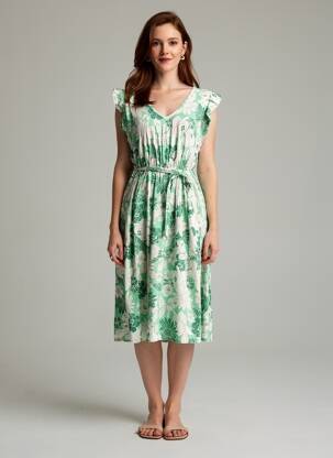 Rochie midi imprimeu floral mâneci scurte verde C'FLO femeie