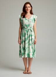 Rochie midi imprimeu floral mâneci scurte verde C'FLO femeie