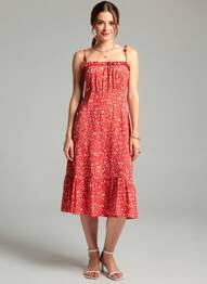 Rochie midi imprimeu floral fără mâneci roșu C'FLO femeie