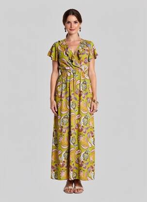 Rochie lungă imprimeu fantezie mâneci scurte verde C'FLO femeie