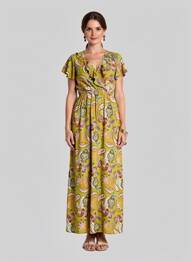 Rochie lungă imprimeu fantezie mâneci scurte verde C'FLO femeie
