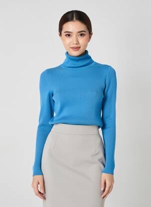 Pulover cu guler înalt țesătură ripsată mâneci lungi albastru UNIQLO femeie