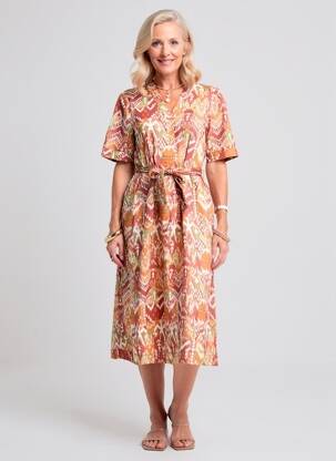 Rochie midi imprimeu fantezie mâneci scurte portocalie JULIE GUERLANDE femeie