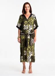 Rochie lungă imprimeu fantezie mâneci scurte verde PAZ TORRAS femeie