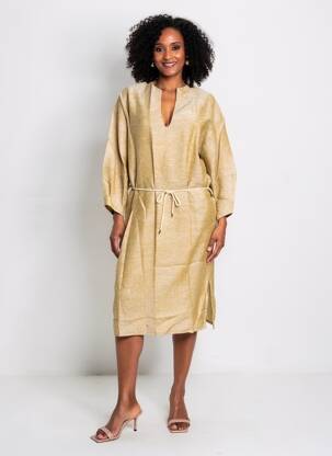 Rochie midi mâneci 3/4 mâneci 3/4 bej BLANC BOHEME femeie